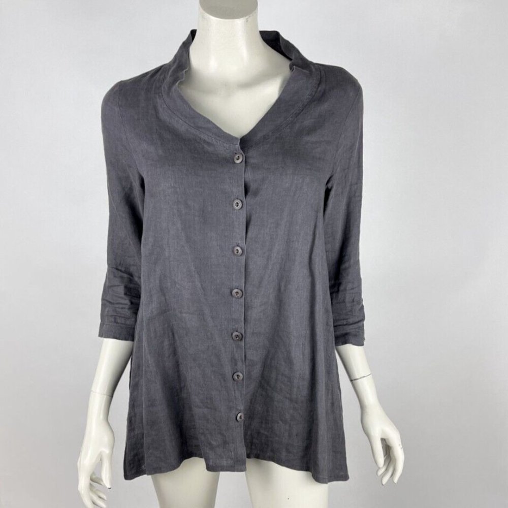 Flax Linen Shirt Women P 3/4 Sleeve V-neck ButtonUp Lightweight Blouse Top Tunic